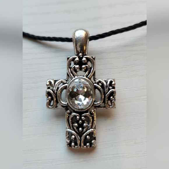 Necklace with Cross and Black Rubber like bracelet with Silver Band. - Picture 2 of 4